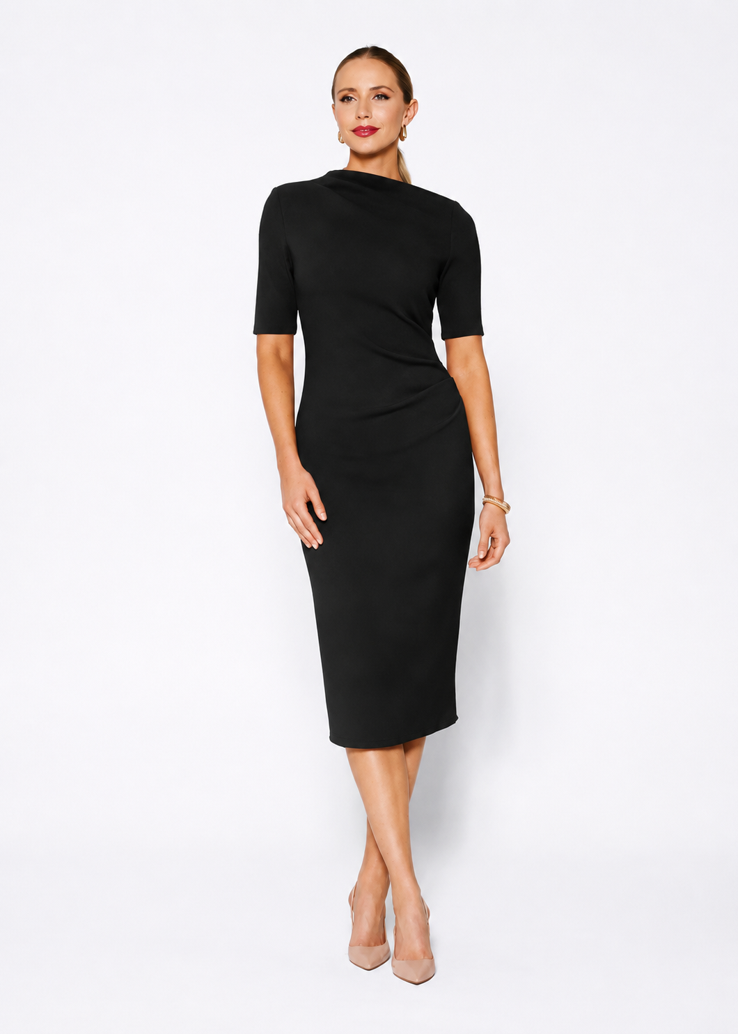 ruched midi dress with sleeves Black Off Shoulder Long Sleeve PinkBlush boohoo PlusYoull find full on fashion for the fuller figure with the boohoo Plus range Black Ruched Midi Dress -