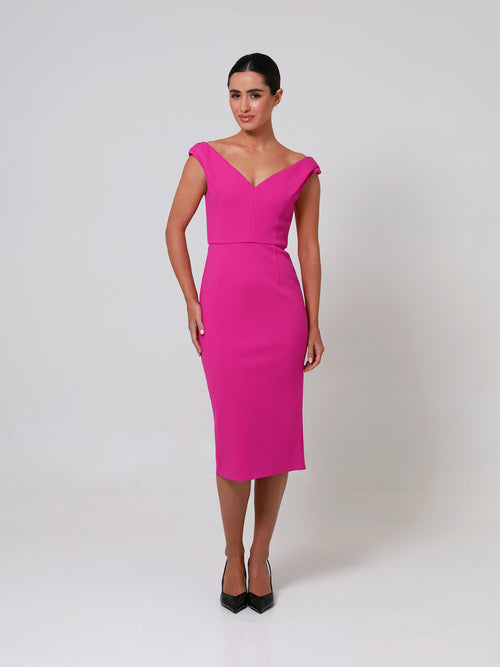 Magenta Pleated Shoulder Double Crepe Midi