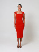 Red Short Sleeve Double Crepe Midi