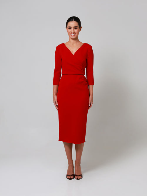 Dark Red Ruched Double Crepe Midi