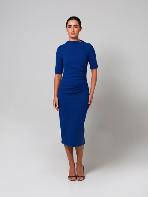 Royal Blue Mid Sleeve Ruched Double Crepe Midi