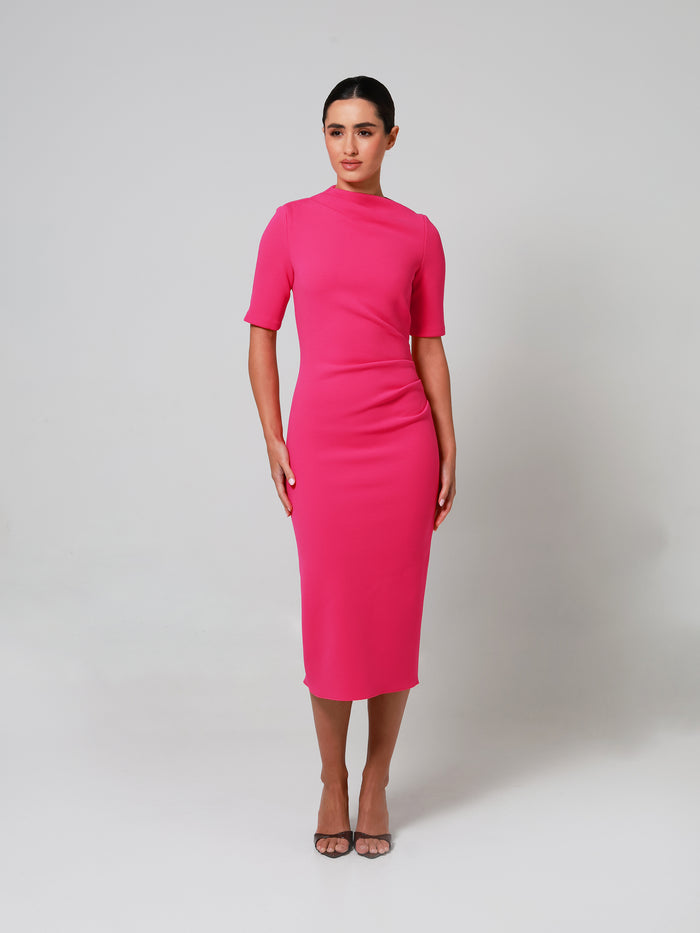 Fuchsia Mid Sleeve Ruched Double Crepe Midi