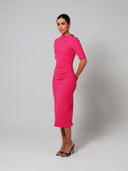 Fuchsia Mid Sleeve Ruched Double Crepe Midi