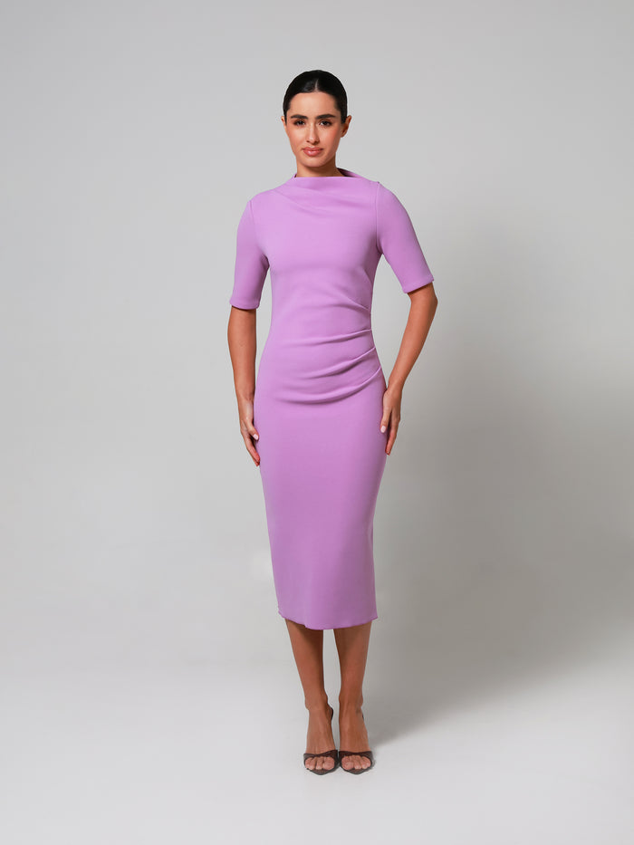 Lilac Mid Sleeve Ruched Double Crepe Midi
