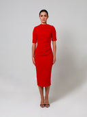 Red Mid Sleeve Ruched Double Crepe Midi