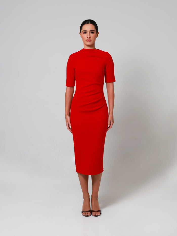Red Mid Sleeve Ruched Double Crepe Midi