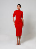 Red Mid Sleeve Ruched Double Crepe Midi