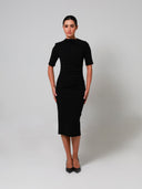 Black Mid Sleeve Ruched Double Crepe Midi