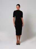 Black Mid Sleeve Ruched Double Crepe Midi
