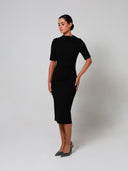 Black Mid Sleeve Ruched Double Crepe Midi