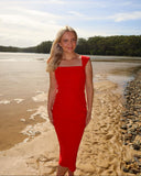 Red Short Sleeve Double Crepe Midi